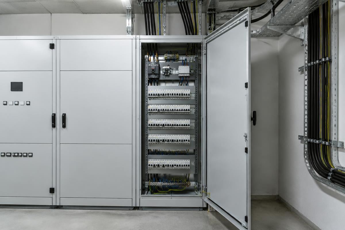 Open low-voltage distribution board with modular equipment in a plant room