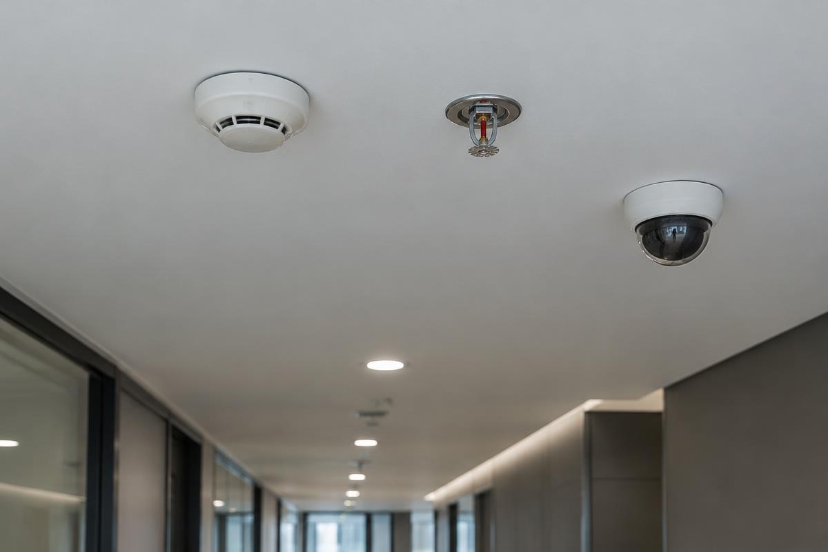 Smoke detector, sprinkler and dome camera on an office corridor ceiling