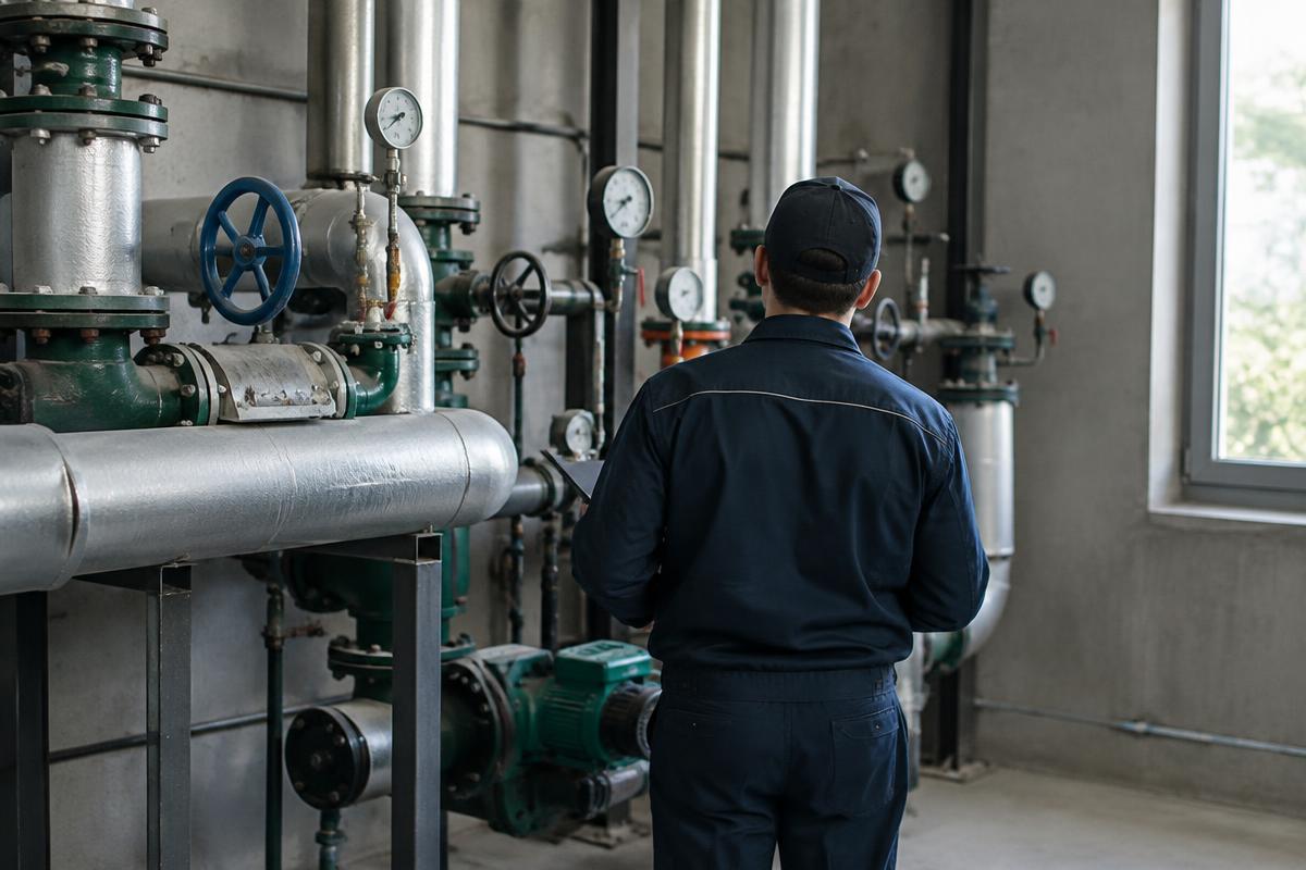 Technician checking an installation in a heating substation
